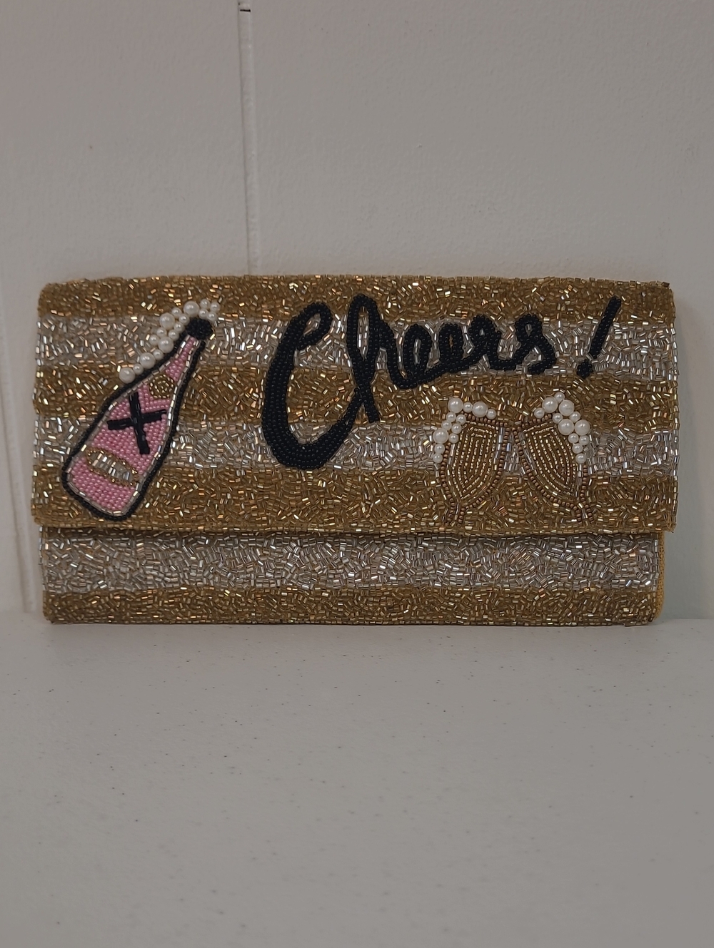 Beaded 'Cheers' Gold and Silver Party Clutch with Pink Bottle and Pearl Accents